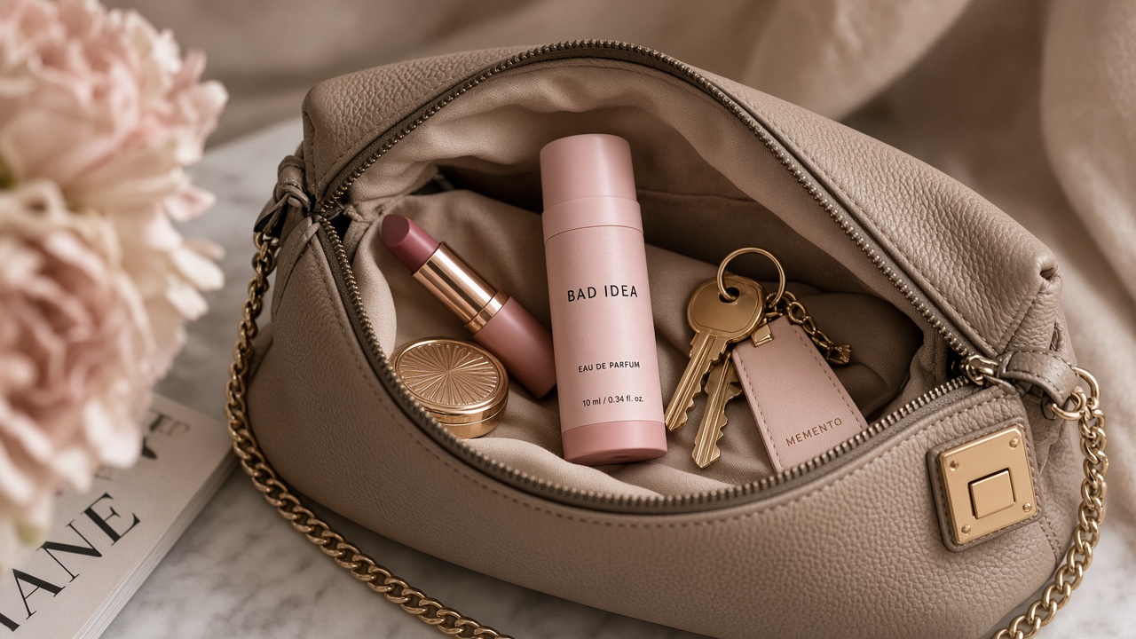 Bad Idea Alarm in Signature Rose emerging from an open bag with gloss and keys